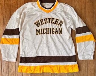 90s Western Michigan Hockey Jersey Kids Large Mesh Striped White Brown Sporty