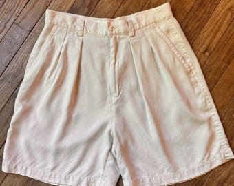 Vintage 100% Silk Herringbone Pleated Shorts Womens 10 Cream Vacation 90s Luxury