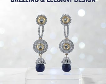 Boucles d'oreilles pendantes bleues, bijoux tendance au fini argent plaqué or