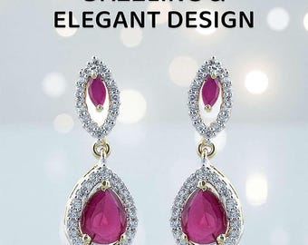 Boucles d'oreilles en goutte d'eau rouge rubis Elowen, boucles d'oreilles pendantes diamant CZ, bijoux de mariée de mariage, boucles d'oreilles pendantes originales, boucles d'oreilles dorées argentées
