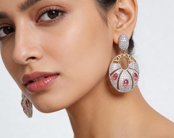 Boucles d'oreilles pendantes CZ en pierre rose, bijoux de fête en plaqué or