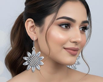 Boucles d'oreilles tournesol oxydé - pendentif bohème vintage sunburst
