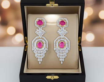 Boucles d'oreilles lustre en cz rose | Bijoux de mariée pendentifs octogonaux