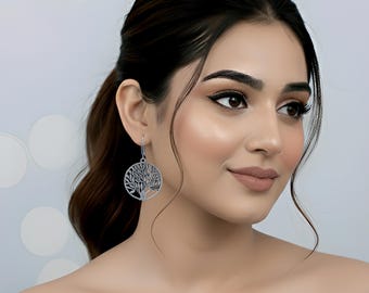 Boucles d'oreilles arbre de vie en argent oxydé, pendentif bohème vintage