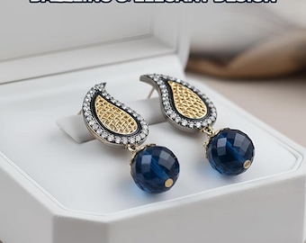 Pendants d'oreilles pierre bleue, plaqué or et noir, boucles d'oreilles pendantes de créateur