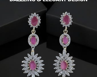 Boucles d'oreilles pendantes avec pierre rose, finition argentée aspect diamant, bijoux de fête