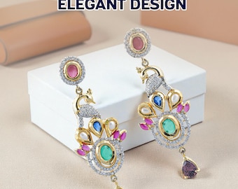Boucles d'oreilles oxydées faites à la main, boucles d'oreilles pendantes paon jhumkas indiennes, pierre multicolore, bijoux de mariée en plaqué or