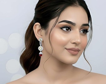 Boucles d'oreilles pendantes Kundan CZ, bijoux festifs rouge rubis