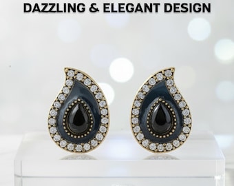 Clous d'oreilles noirs en forme de larme motif cachemire, finition argentée, bijoux élégants