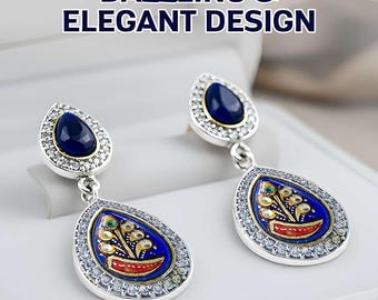 Boucles d'oreilles en forme de larme Meenakari, bijoux de mariage indien bleu roi