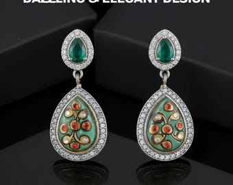 Boucles d'oreilles pendantes en émail vert menthe, argent sterling, bordure aspect diamant, filigrane victorien