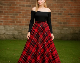 Skotsk tartanmaxikjol för damer, hellång rutig ullkjol, lång kjol med tartanmönster från Highland Clan, finns i över 50 tartaner.