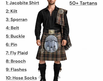 Scottish Men's 10 Piece Kilt Outfit Antique Stag Head Wedding Kilt Set