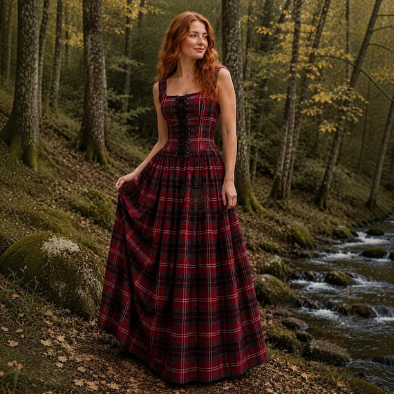Custom Tartan Corset Gown, Lace up Maxi Dress, Renaissance Ball Gown, Highland Wedding