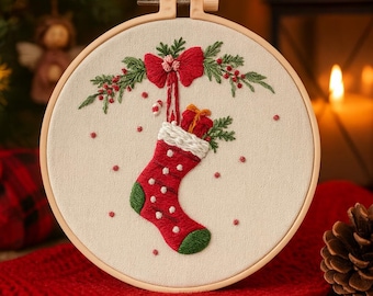 Christmas Stocking Embroidery Kit For Beginners, Holiday Craft Supplies, Festive Cross Stitch