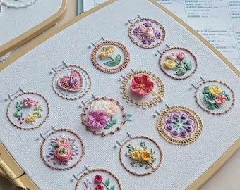 3D Flower Embroidery Sampler : 12 Different Stitches, DIY Floral Bouquet, Handmade Mini Hoop Design