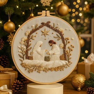 May include: Embroidered Christmas scene in a wooden hoop. The artwork depicts a nativity scene with figures in white robes, a star, and floral accents. The hoop is displayed on a white pedestal, with Christmas decorations in the background.