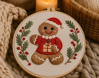 Christmas Gingerbread Man Embroidery Kit, DIY Needlepoint Hoop Art