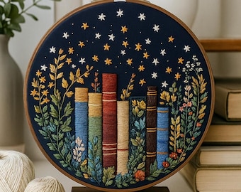 Floral Bookshelf Embroidery Kit, DIY For Book Lover, Handmade Textile Art,