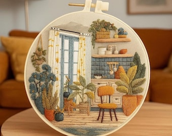 Cozy Kitchen Embroidery Kit, Botanical Indoor Plant & Window Scene, DIY Wall Art, Beginner Needlework,