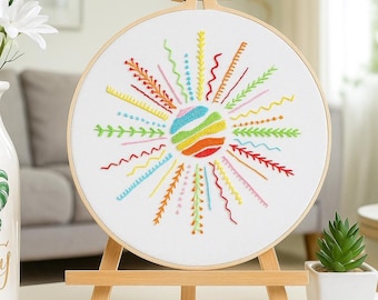 Sunburst Embroidery Kit For Beginner, Handmade Abstract Wall Art, Modern Rainbow Stitch Decor