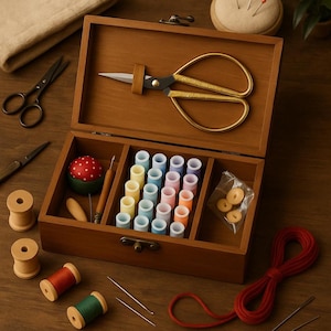 Peut inclure: Une boîte à couture en bois ouverte, remplie de fournitures de couture. Elle contient des bobines de fil de différentes couleurs, un coussin à épingles, des ciseaux dorés, des aiguilles et d'autres outils. Idéal pour les travaux de couture.