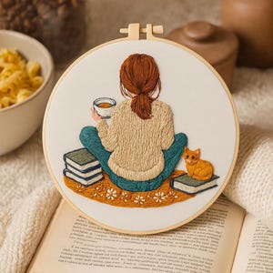 Può includere: Ricamo su telaio raffigurante una persona dai capelli rossi seduta con una tazza, circondata da libri e un gatto. La persona indossa un maglione beige e pantaloni blu. Il gatto è arancione. Lo sfondo è bianco.