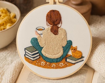 Cozy Girl With Book Embroidery Kit, DIY Needlework Craft, Hand-stitched Home Decor, Beginner Friendly