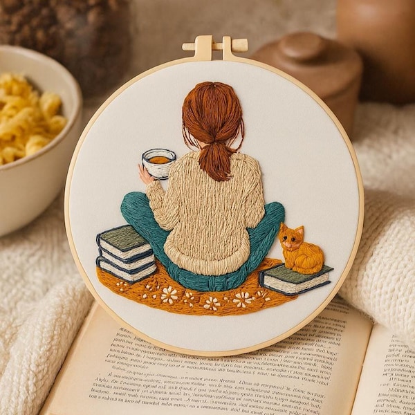 Cozy Girl With Book Embroidery Kit, DIY Needlework Craft, Hand-stitched Home Decor, Beginner Friendly