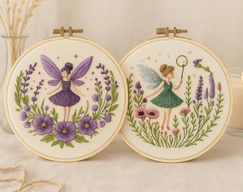 Embroidery kit fairy hoop art, whimsical floral wall decor, nursery room decoration,