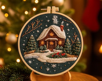 Christmas Embroidery Kit For Beginners – Snow Cabin Scene DIT Needlework