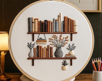Floral Bookshelf Embroidery Kit, DIY For Book Lover