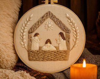 Nativity embroidery kit , Christmas religious DIY craft, Baby Jesus stitching, modern nativity art,
