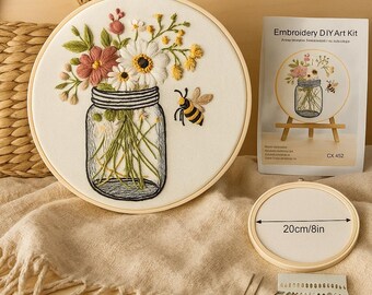 DIY Floral Embroidery Kit, Modern Botanical Home Decor, For Beginners, Mason Jar Flower Design