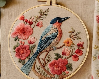 Bird and Flowers Embroidery Kit : DIY Handcrafted Nature Art, Beginner Stitching Project, Botanical