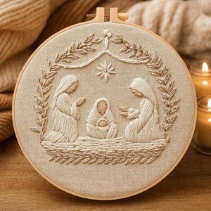 May include: A beige embroidered hoop art piece depicting a nativity scene. The artwork features three figures and a star, surrounded by a wreath of leaves. The embroidery is done in shades of beige and brown.