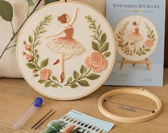 Ballet Girl Embroidery Kit, Ballerina Floral Hoop Art, Hand-stitched Craft for Beginners