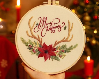 Christmas Floral Embroidery Kit For Beginners: Merry Christmas with Antlers, Poinsettia, and Festive Design