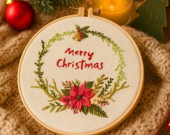Merry Christmas Embroidery Kit for Beginners: Cozy Wreath & Bell Pattern