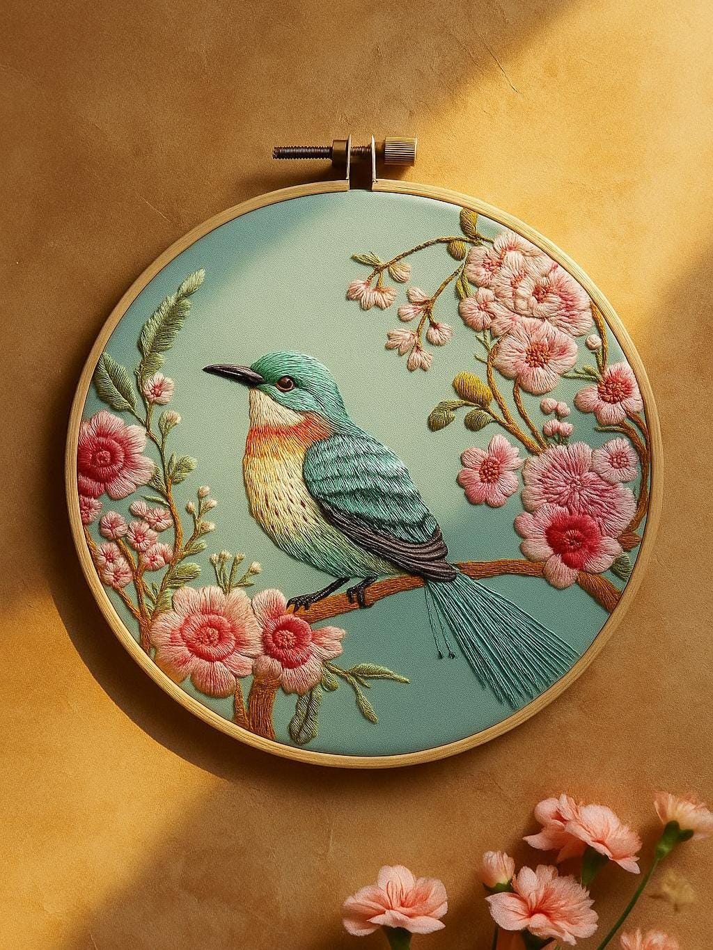 Bird and Flowers Embroidery Kit : DIY Handcrafted Nature Art