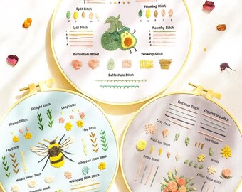 Embroidery Kit Set of 3, for Beginners, Stamped Pattern, Hoop Art Prints, DIY Craft