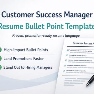 Op de afbeelding: Een cv-sjabloon met de titel "Customer Success Manager" met opsommingstekens. De sjabloon bevat een cv en een pen, met een opwaarts trendende grafiek. De tekst benadrukt "High-Impact Bullet Points", "Land Promotions Faster" en "Stand Out to Hiring Managers".
