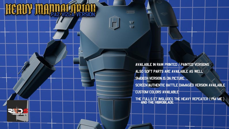 Puede incluir: Una pieza de torso de armadura azul segmentada con hombreras y protectores de brazo. El texto en la imagen dice: HEAVY MANDALORIAN PAZ VIZLA VERSION, AVAILABLE IN RAW PRINTED / PAINTED VERSIONS, ALSO SOFT PARTS ARE AVAILABLE AS WELL, SMOOTH VERSION IS ON PICTURE, SCREEN AUTHENTIC BATTLE DAMAGED VERSION AVAILABLE, CUSTOM COLORS AVAILABLE, THE FULLS ET INCLUDES THE HEAVY REPEATER ( PM ME ) AND THE VIBROBLADE.