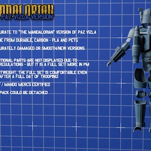 Puede incluir: Un conjunto de armadura gris Heavy Mandalorian Paz Vizla, modelado en 3D, que incluye casco, jetpack y varias placas corporales. El texto dice: HEAVY MANDALORIAN PAZ VIZLA VERSION, ACCURATE TO THE MANDALORIAN VERSION OF PAZ VIZLA, MADE FROM DURABLE, CARBON-PLA AND PETG.
