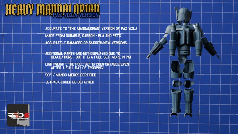Puede incluir: Un conjunto de armadura gris Heavy Mandalorian Paz Vizla, modelado en 3D, que incluye casco, jetpack y varias placas corporales. El texto dice: HEAVY MANDALORIAN PAZ VIZLA VERSION, ACCURATE TO THE MANDALORIAN VERSION OF PAZ VIZLA, MADE FROM DURABLE, CARBON-PLA AND PETG.