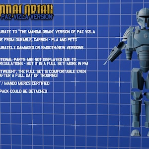 Puede incluir: Un conjunto de armadura mandaloriana azul gris&aacute;ceo, versi&oacute;n Paz Vizla, sobre un fondo de cuadr&iacute;cula azul. El texto incluye: HEAVY MANDALORIAN PAZ VIZLA VERSION, ACCURATE TO THE MANDALORIAN VERSION OF PAZ VIZLA, MADE FROM DURABLE CARBON-PLA AND PETG, JETPACK COULD BE DETACHED.