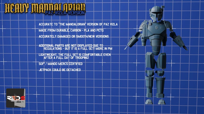 Puede incluir: Un conjunto de armadura mandaloriana azul gris&aacute;ceo, versi&oacute;n Paz Vizla, sobre un fondo de cuadr&iacute;cula azul. El texto incluye: HEAVY MANDALORIAN PAZ VIZLA VERSION, ACCURATE TO THE MANDALORIAN VERSION OF PAZ VIZLA, MADE FROM DURABLE CARBON-PLA AND PETG, JETPACK COULD BE DETACHED.