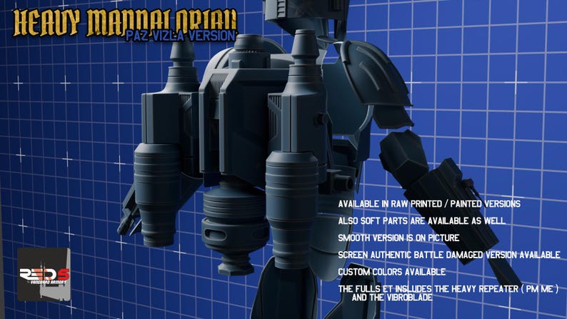 Puede incluir: Un modelo tridimensional gris oscuro de un traje de armadura pesada con un jetpack que presenta propulsores duales y un puerto de escape central. El texto HEAVY MANDALORIAN PAZ VIZLA VERSION es visible arriba, con detalles adicionales abajo.