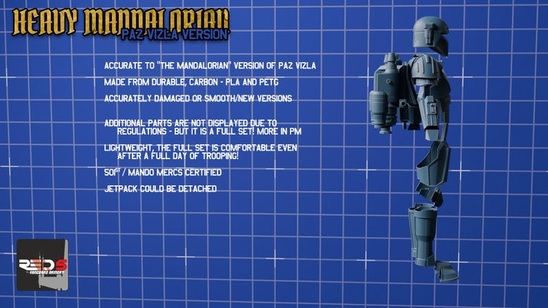 Puede incluir: Un conjunto de armadura gris Heavy Mandalorian Paz Vizla que incluye casco, hombreras, brazales, espinilleras y un jetpack desmontable. El texto dice: HEAVY MANDALORIAN PAZ VIZLA VERSION, ACCURATE TO THE MANDALORIAN VERSION OF PAZ VIZLA.