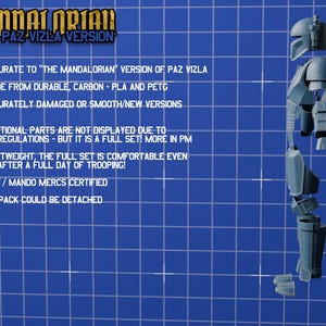 Puede incluir: Un conjunto de armadura gris impreso en 3D inspirado en Paz Vizla de The Mandalorian, que incluye casco, pieza de pecho, mochila propulsora y piezas para las piernas. El texto HEAVY MANDALORIAN PAZ VIZLA VERSION aparece junto a los detalles.